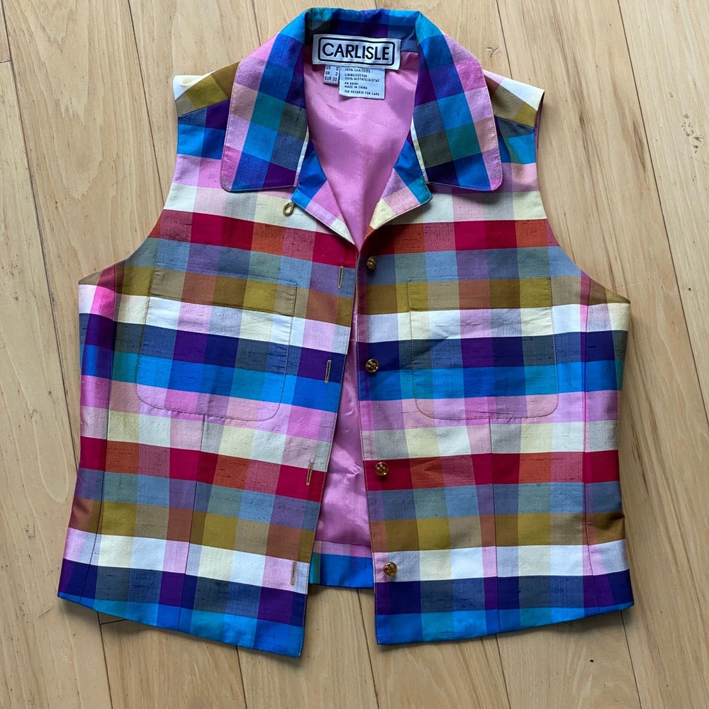 Vintage Carlisle Preppy 100 Silk Colorful Plaid Vest Button Down Tailored Fit